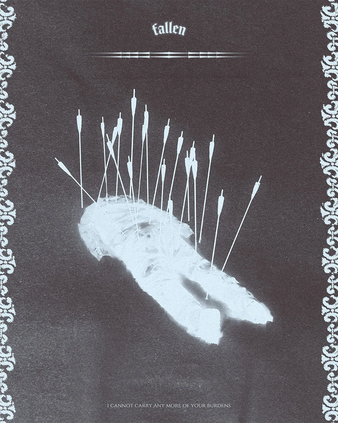 poster design of a man laying on the ground after being hit with several arrows